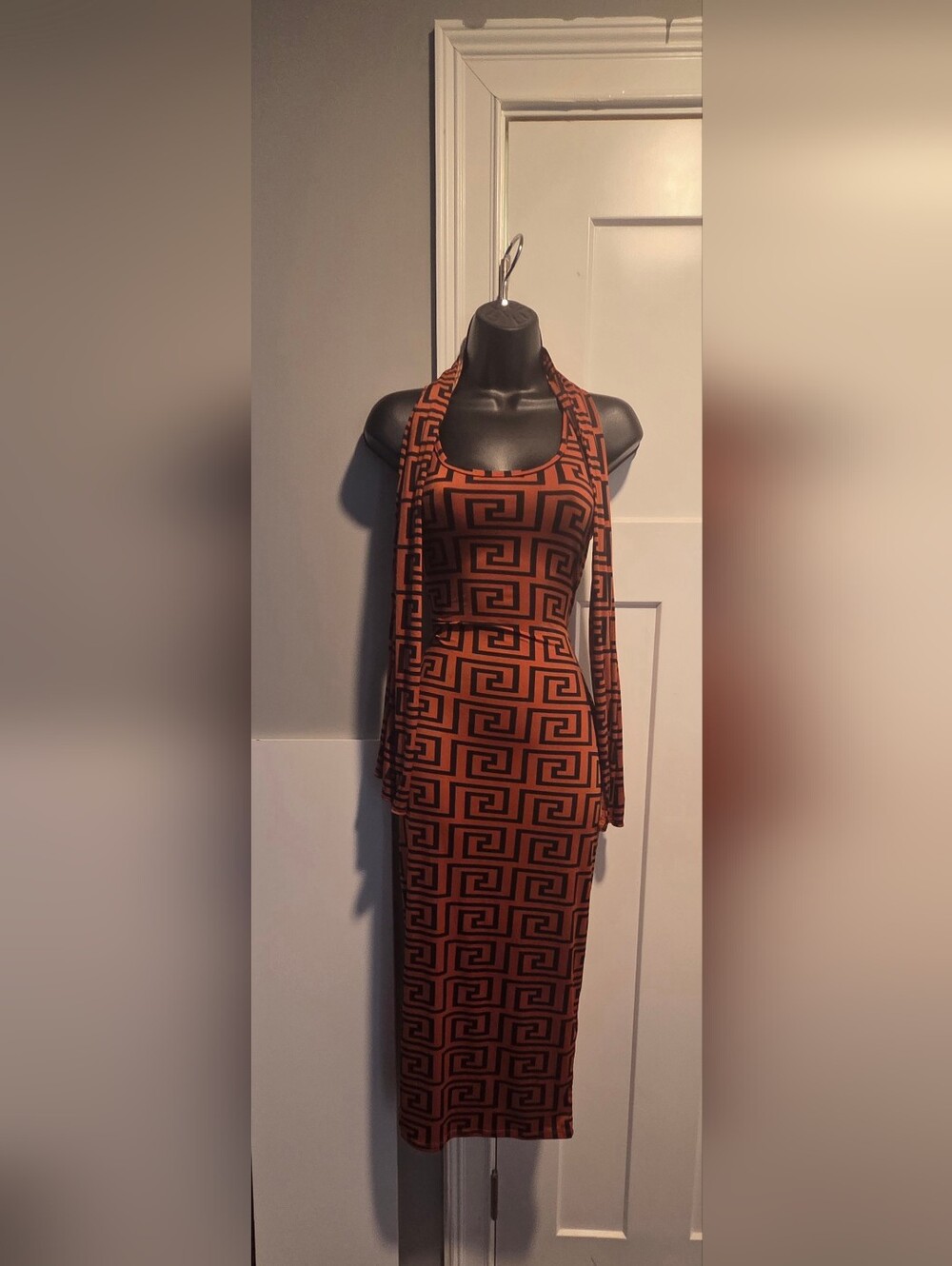 Geometric Print Halter Midi Dress in Rust/Black
